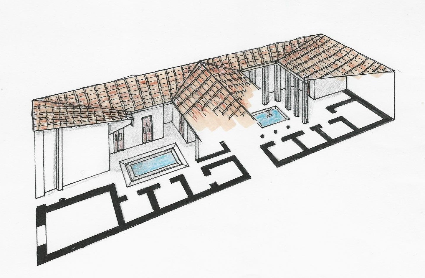 Handgezeichnete Perspektive eines Hauses im Atrium-Stil des antiken Roms. Die nach innen geneigten Dächer sammeln das Wasser im den beiden Wasserbecken und Innenhöfen, von denen die verschiedenen Räume abzweigen. Das Peristyl, also der Säulengang, ist sehr gut zu sehen.
