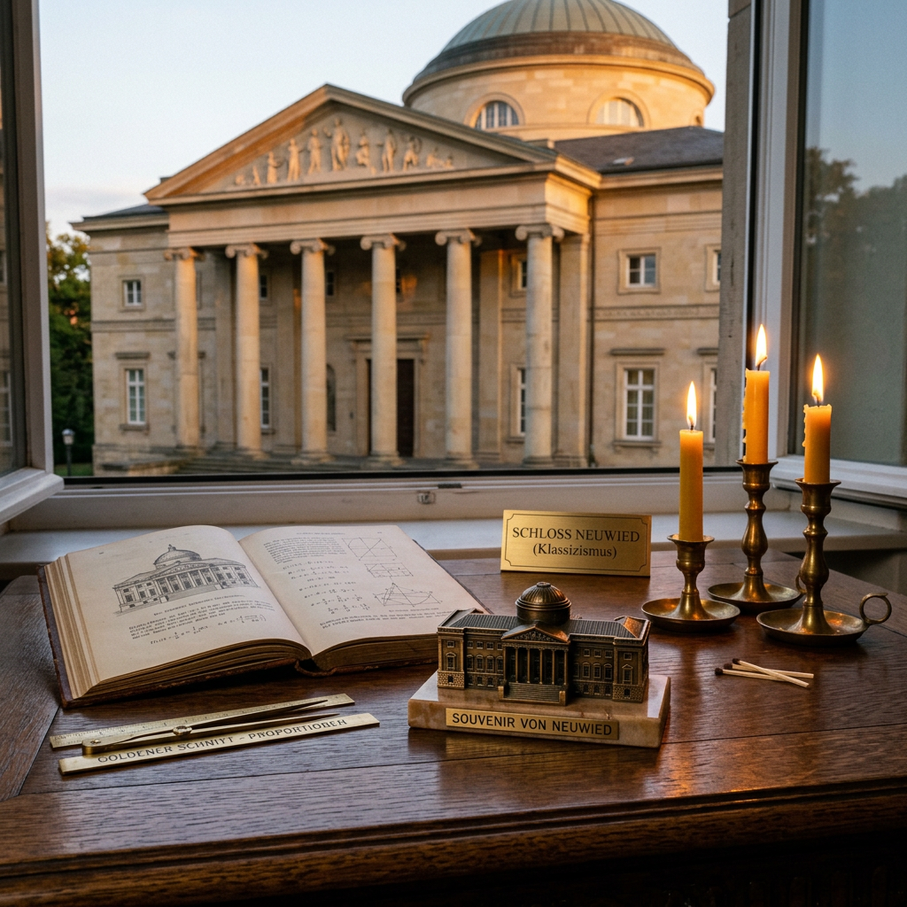 Schloss Neuwied; text reads “SCHLOSS NEUWIED (Klassizismus),” “SOUVENIR VON NEUWIED,” and “GOLDENER SCHNITT - PROPORTIONEN.”